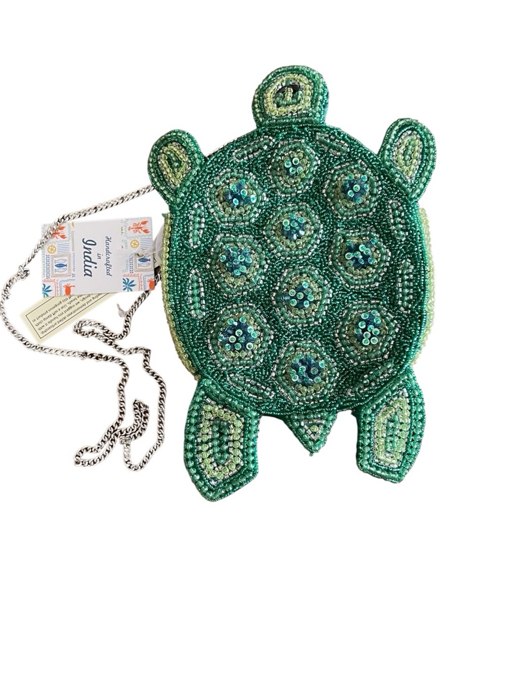 NWT Viral Handcrafted in India Beaded Sea Turtle Crossbody Bag Green Sequins